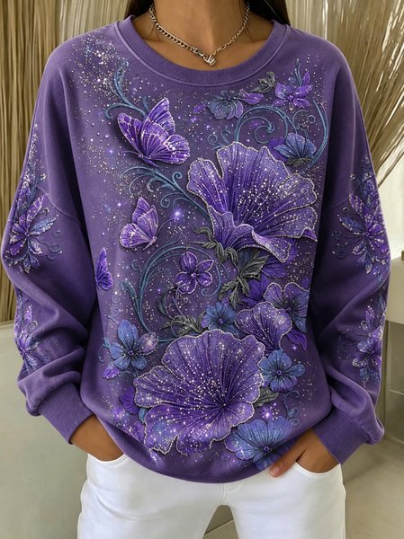 Casual Floral Crew Neck Long Sleeve Sweatshirt