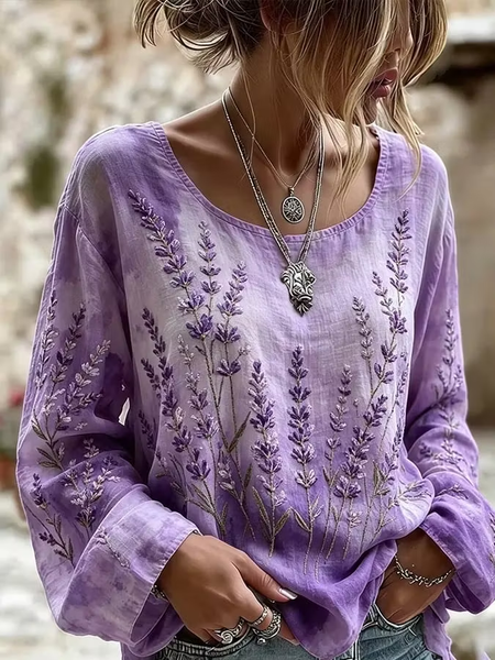 Women Floral Casual Blouse Crew Neck Long Sleeve Printing Top