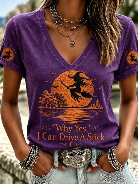 Vintage Text Letters V Neck Short Sleeve T-shirt