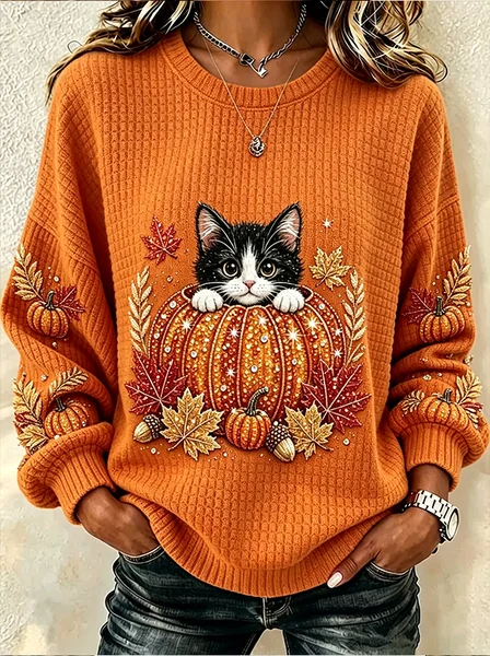 Casual Cat Crew Neck Long Sleeve Sweatshirt