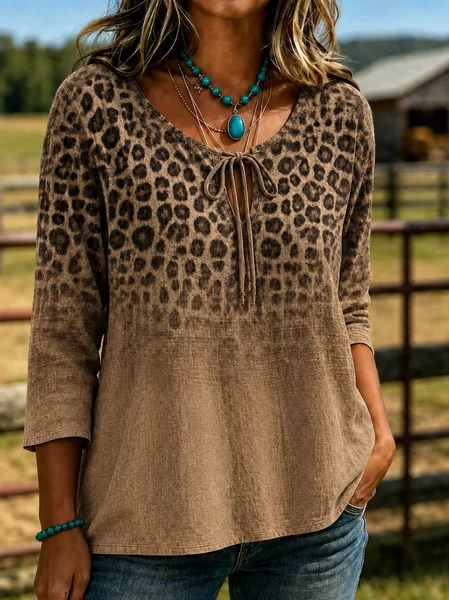 Women Ombre Vintage Blouse V Neck Half Sleeve Printing Top