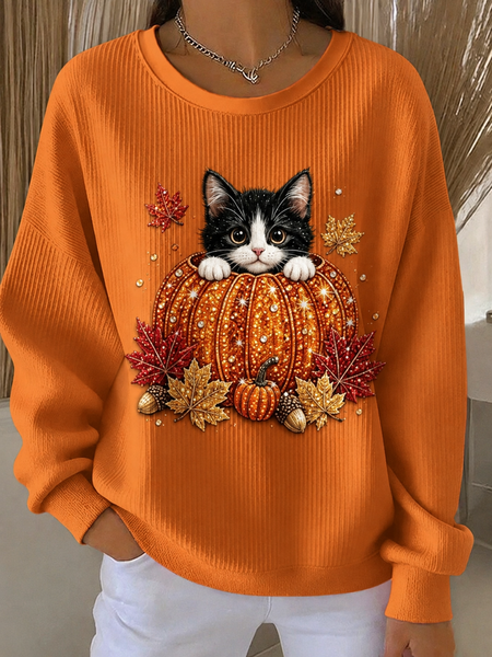 Casual Cat Crew Neck Long Sleeve Sweatshirt