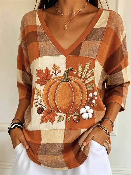 Casual Plaid V Neck Long Sleeve T-shirt