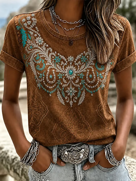 Casual Wild West Crew Neck Short Sleeve T-shirt
