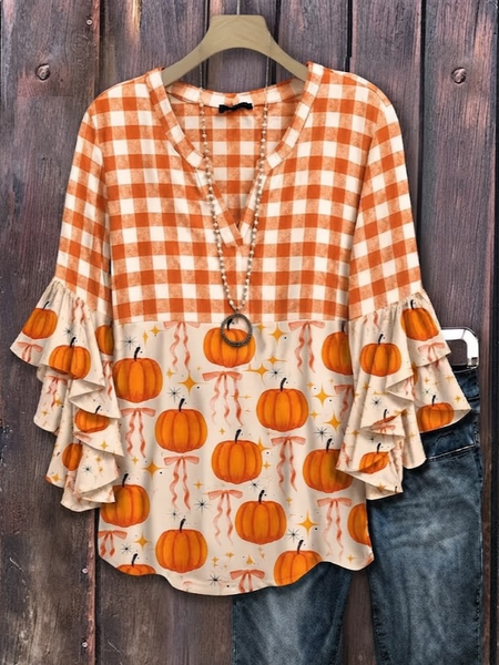 Women Plaid Casual Shirt V Neck Half Sleeve Printing Top