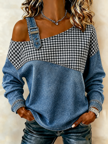 Casual Plaid Asymmetrical Long Sleeve Sweatshirt