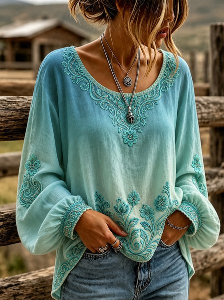 Women Floral Casual Blouse Crew Neck Long Sleeve Printing Top