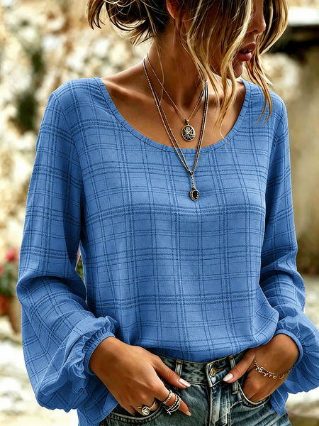 Women Plaid Casual Blouse Crew Neck Long Sleeve Printing Top