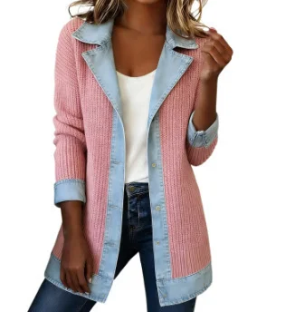 Women Spring/Fall Outerwear Vintage Split Joint Contrast Stitching Long Sleeve Lapel Collar Jacket