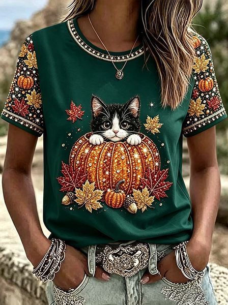 Women Cat Short Sleeve Tee T-shirt Crew Neck Printing Casual Graphic Tee Summer Top