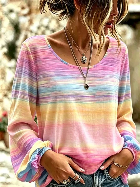 Women Gradient Pattern Casual Blouse Crew Neck Long Sleeve Printing Top