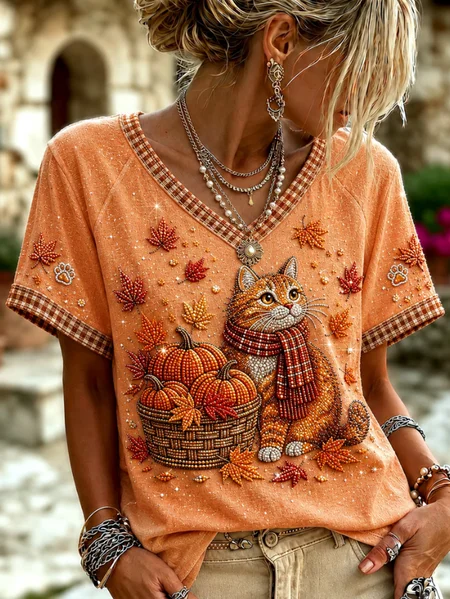Vintage Cat V Neck Short Sleeve T-shirt