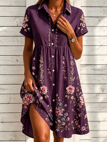 Women Floral Summer Dress Shirt Collar Short Sleeve A-Line Dress