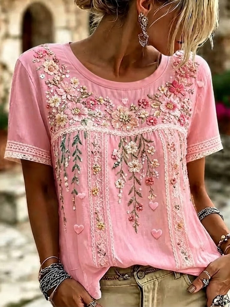 Casual Floral Crew Neck Short Sleeve T-shirt