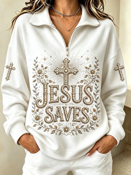 Vintage Text Letters Half Open Collar Long Sleeve Sweatshirt