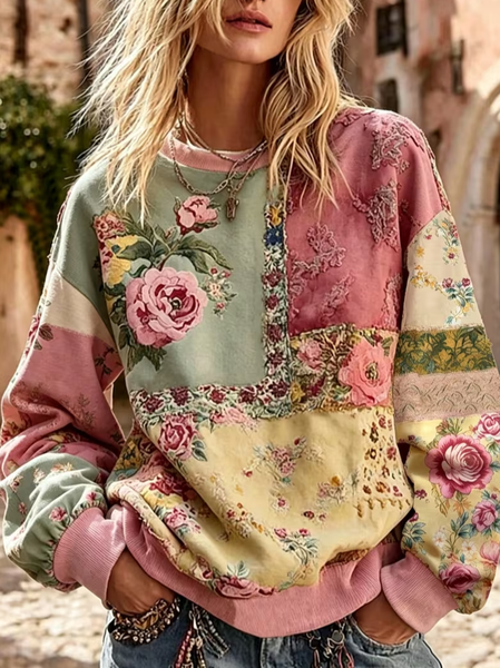 Casual Floral Crew Neck Long Sleeve Sweatshirt
