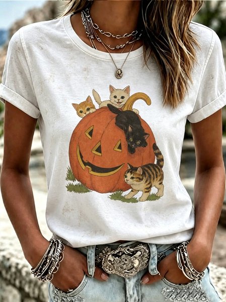 Casual Cat Crew Neck Short Sleeve T-shirt