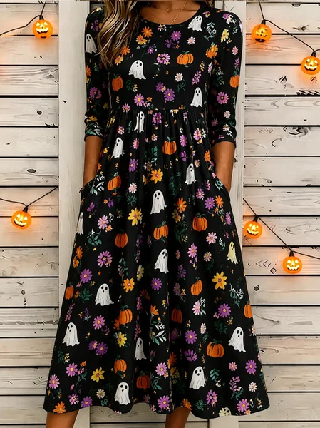 Women Floral Summer Dress Crew Neck Half Sleeve T-Shirt Dress A-Line Dress