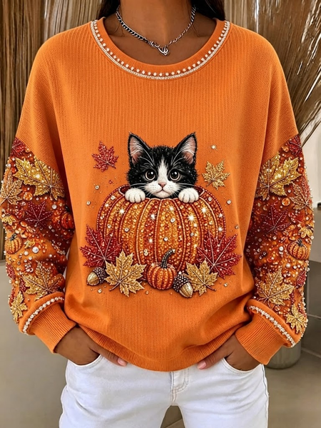 Casual Cat Crew Neck Long Sleeve Sweatshirt