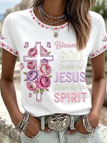 Vintage Floral Crew Neck Short Sleeve T-shirt