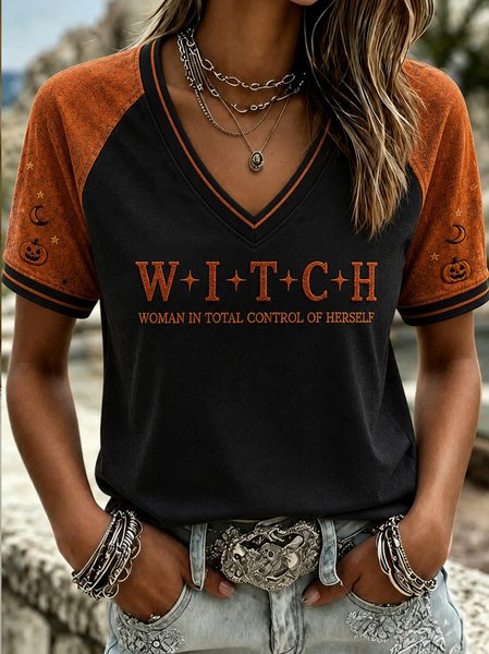 Vintage Text Letters V Neck Short Sleeve T-shirt