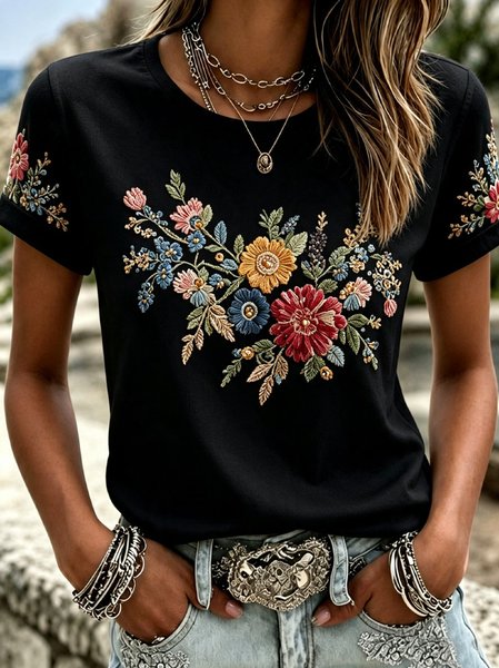 Casual Floral Crew Neck Short Sleeve T-shirt