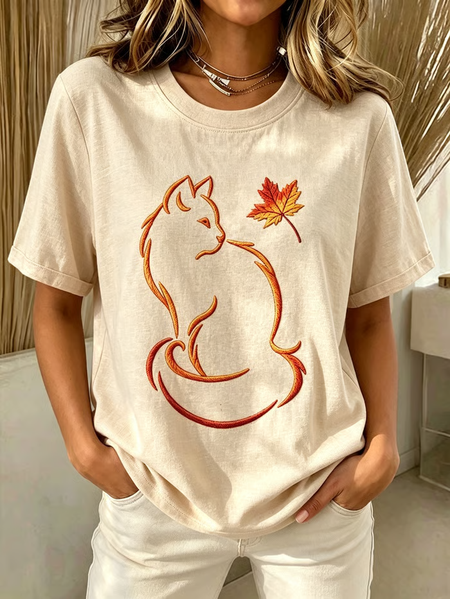 Casual Cat Crew Neck Short Sleeve T-shirt
