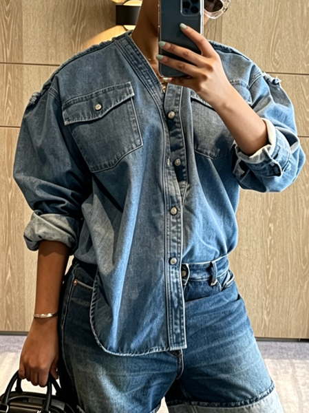 Casual Plain Pockets Shirt Collar Denim Shirt