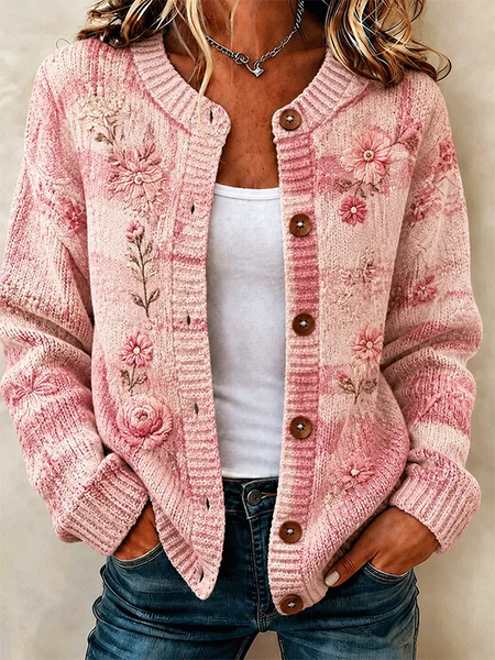 Women Floral Printing Long Sleeve Crew Neck Vintage Spring/Fall Cardigan Outerwear