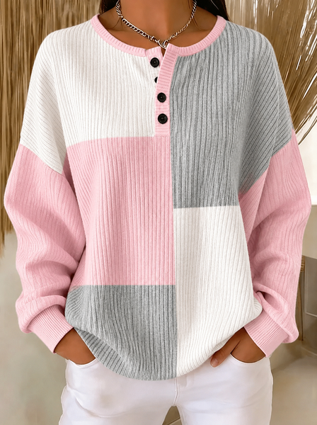 Women Abstract Henley Collar Casual Spring/Fall Long Sleeve Sweatshirt