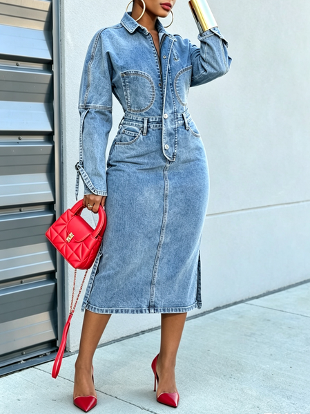 Denim Casual Plain Zipper Shawl Collar Midi Dress 1 Denim Casual Plain Zipper Shawl Collar Midi Dress