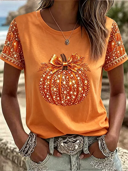 Women Halloween (pumpkin) Short Sleeve Tee T-shirt Crew Neck Printing Casual Graphic Tee Summer Top