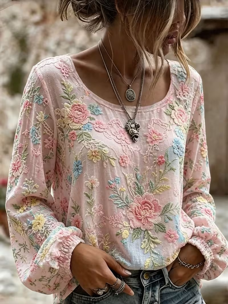Women Floral Crew Neck Long Sleeve Blouse Printing Vintage Daily Spring/Fall Top