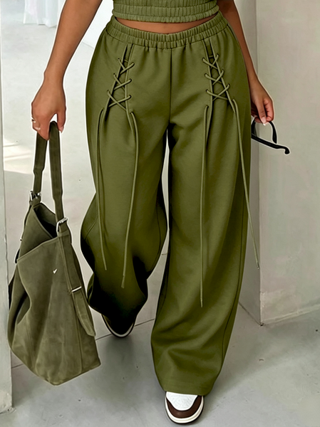 Casual Plain Lace-up Straight Pants 1 Casual Plain Lace-up Straight Pants