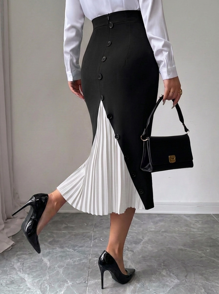Elegant Split Joint Color Block Midi Skirt