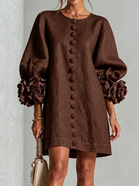 Cotton Urban Plain 3D Floral Crew Neck Mini Dress 1 Cotton Urban Plain 3D Floral Crew Neck Mini Dress