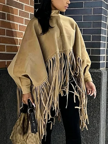 Suede Urban Plain Tassel Stand Collar Faux Leather Top 1 Suede Urban Plain Tassel Stand Collar Faux Leather Top