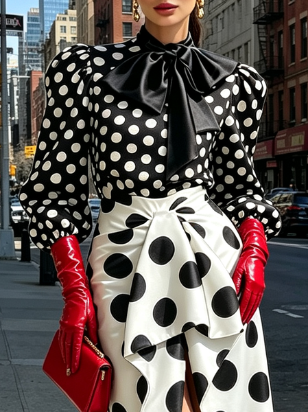Urban Polka Dots Printing Tie Neck Blouse 1 Urban Polka Dots Printing Tie Neck Blouse