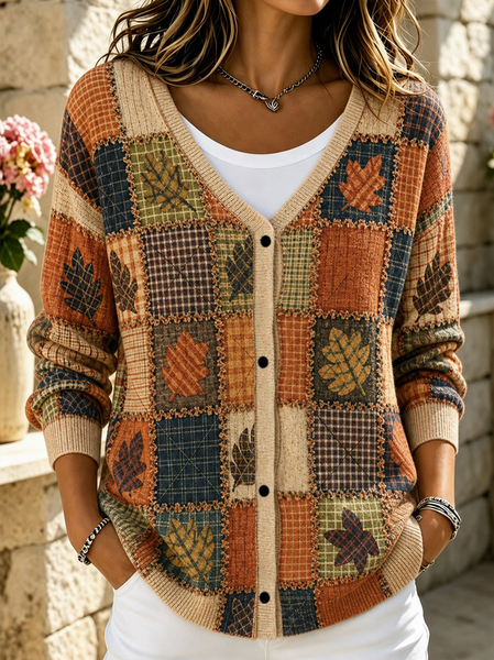 Women Leaf Long Sleeve V Neck Casual Spring/Fall Cardigan Outerwear 1 Women Leaf Long Sleeve V Neck Casual Spring/Fall Cardigan Outerwear