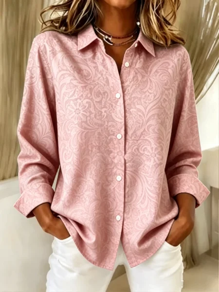 Women Floral Pattern Vintage Shirt Shirt Collar Long Sleeve Top