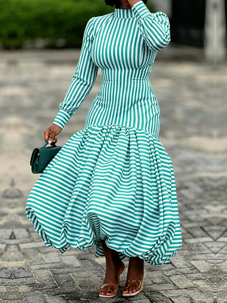 Elegant Green Striped Mock Neck Bubble Hem Long Sleeve Maxi Dress 1 Elegant Green Striped Mock Neck Bubble Hem Long Sleeve Maxi Dress