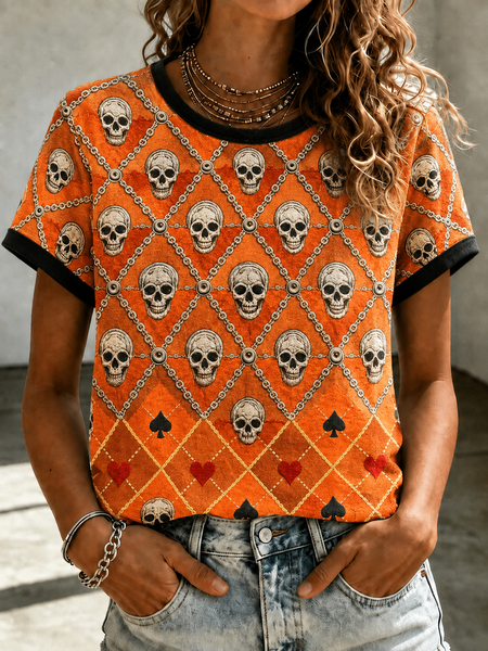Women Skull Short Sleeve Tee T-shirt Crew Neck Printing Casual Summer Top
