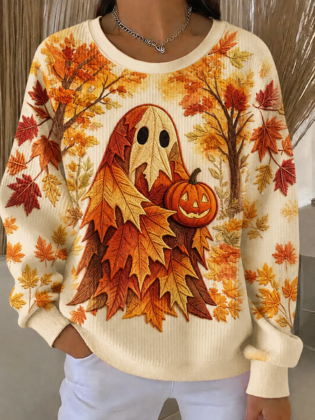 Women Maple Leaf Crew Neck Casual Spring/Fall Long Sleeve Sweatshirt