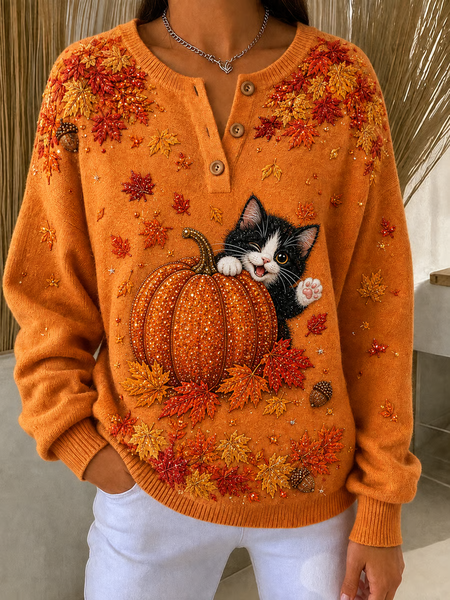 Women Cat Crew Neck Printing Casual Spring/Fall Long Sleeve Sweatshirt