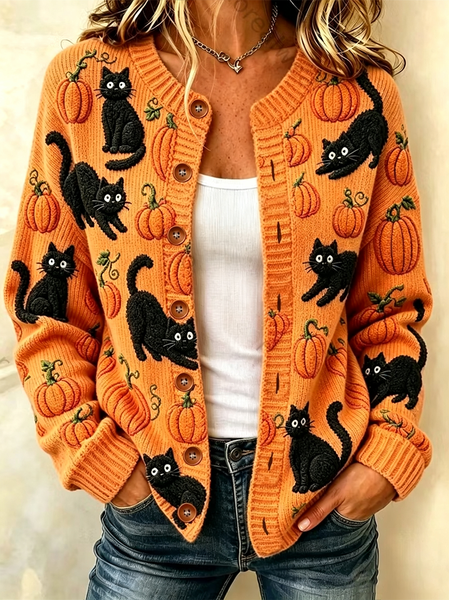 Women Cat Printing Long Sleeve Crew Neck Vintage Spring/Fall Cardigan Outerwear