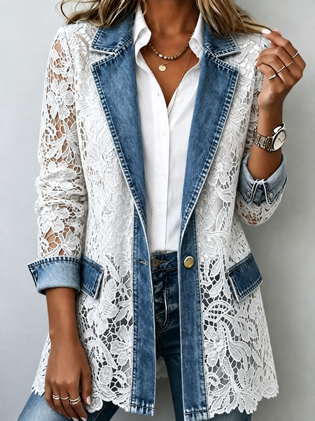 Women Floral Split Joint Long Sleeve Lapel Collar Vintage Spring/Fall Jacket Outerwear