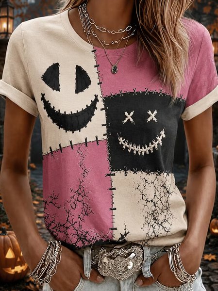 Women Color Block Short Sleeve Tee T-shirt Crew Neck Casual Summer Top