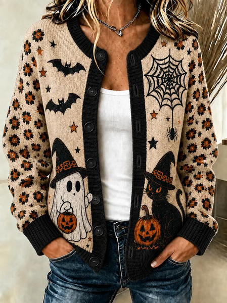 Women Cat Printing Long Sleeve Crew Neck Vintage Spring/Fall Cardigan Outerwear