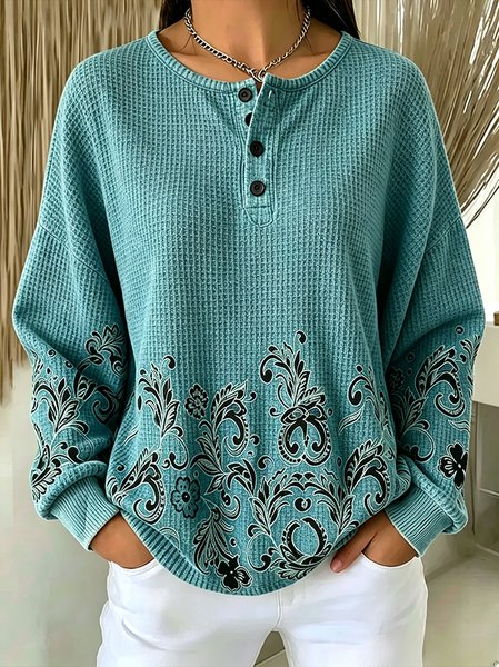 Women Floral Henley Collar Vintage Spring/Fall Long Sleeve Sweatshirt