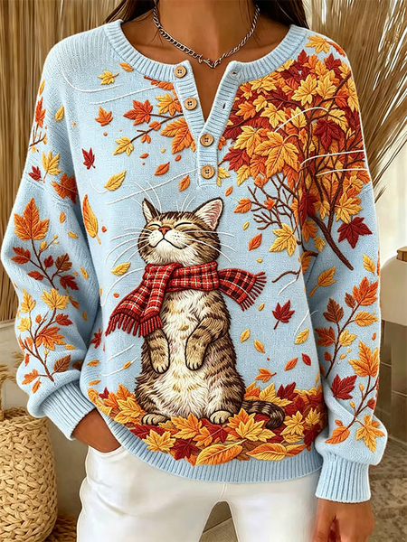 Women Cat Crew Neck Printing Casual Spring/Fall Long Sleeve Sweatshirt